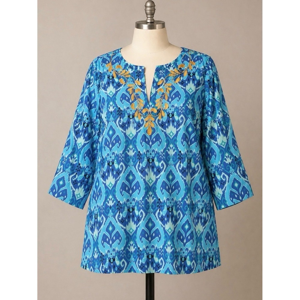 KIM GRAVEL Poplin Tunic Blouse 1X NEW Ikat Embroidery Popover Boho Southwest QVC